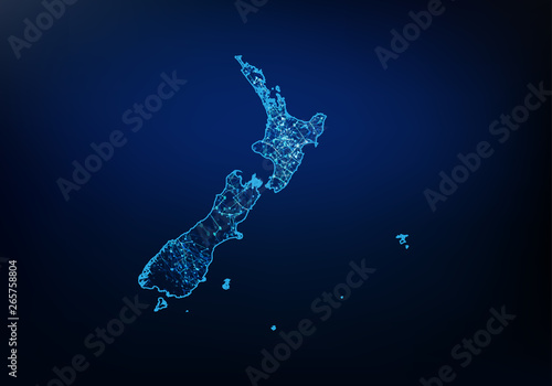 Abstract of New Zealand map network, internet and global connection concept, Wire Frame 3D mesh polygonal network line, design sphere, dot and structure. Vector illustration eps 10.
