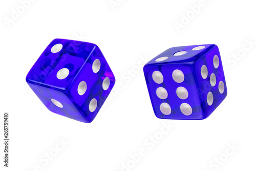 Two blue glass game dice isolated on white.