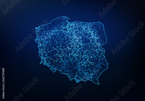 Obraz na plátně Abstract of poland map network, internet and global connection concept, Wire Frame 3D mesh polygonal network line, design sphere, dot and structure