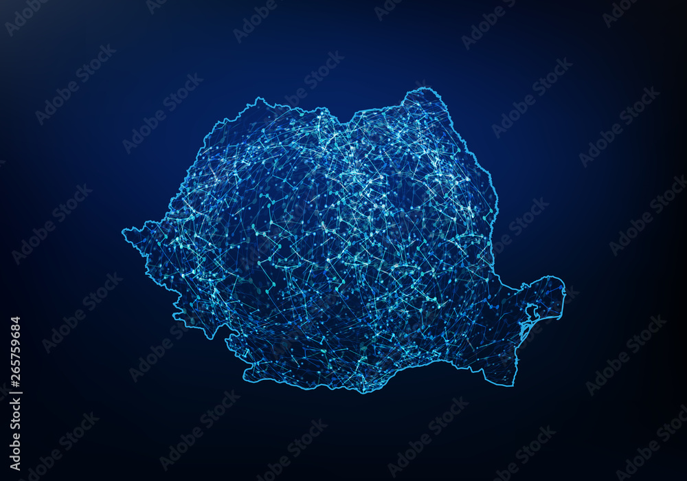 Abstract of romania map network, internet and global connection concept, Wire Frame 3D mesh polygonal network line, design sphere, dot and structure. Vector illustration eps 10. - obrazy, fototapety, plakaty 