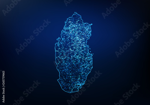 Abstract of qatar map network, internet and global connection concept, Wire Frame 3D mesh polygonal network line, design sphere, dot and structure. Vector illustration eps 10.