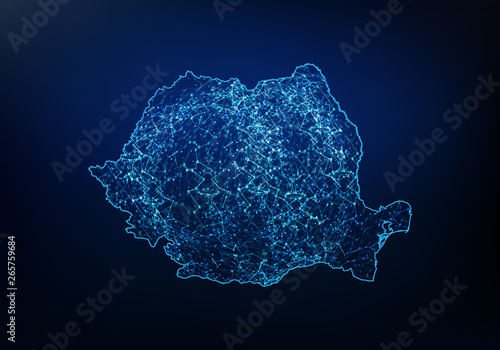 Obraz na plátně Abstract of romania map network, internet and global connection concept, Wire Frame 3D mesh polygonal network line, design sphere, dot and structure