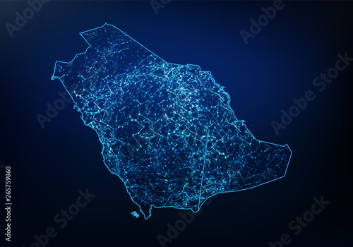 Abstract of saudi Arabia map network, internet and global connection concept, Wire Frame 3D mesh polygonal network line, design sphere, dot and structure. Vector illustration eps 10.