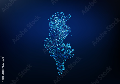 Abstract of tunisia map network, internet and global connection concept, Wire Frame 3D mesh polygonal network line, design sphere, dot and structure. Vector illustration eps 10.