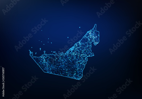 Abstract of United Arab Emirates map network, internet and global connection concept, Wire Frame 3D mesh polygonal network line, design sphere, dot and structure. Vector illustration eps 10.