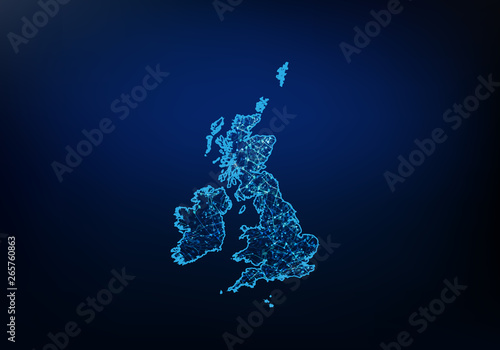 Abstract of United Kingdom map network, internet and global connection concept, Wire Frame 3D mesh polygonal network line, design sphere, dot and structure. Vector illustration eps 10.