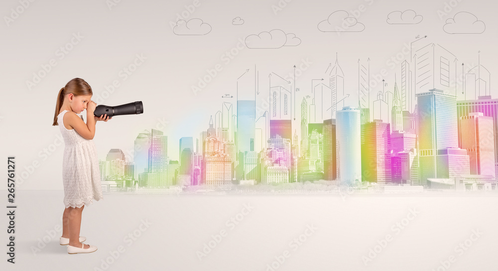 Obraz premium Cute little girl looking through spyglass to a big city 
