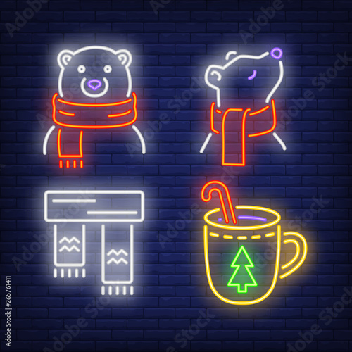 Polar bears, scarf and tea cup with candy cane neon signs set