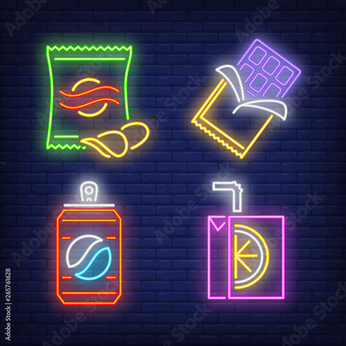Snacks and drinks for vendor machine neon signs set