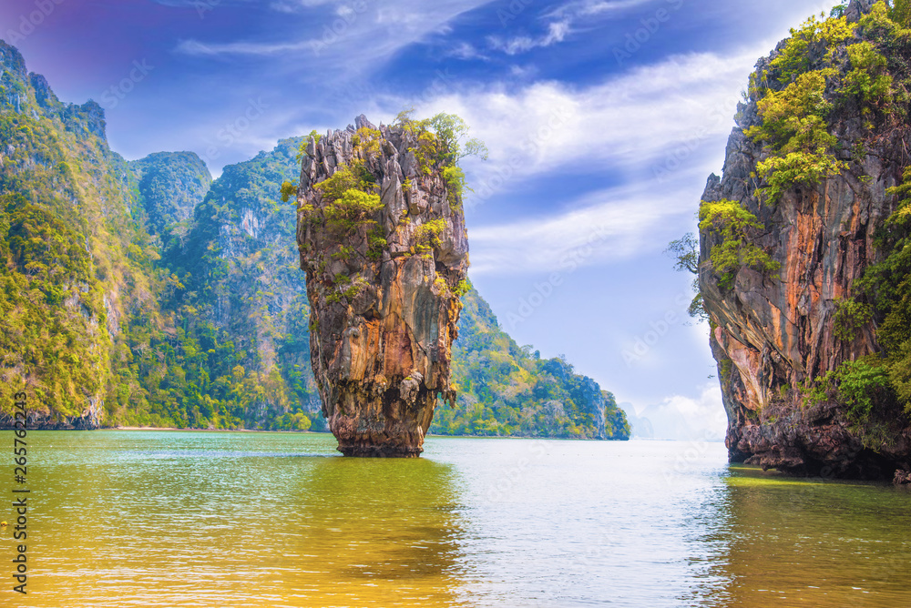 Phuket Thailand nature. James Bond island in Phang Nga bay. Thai scenic exotic landscape of tourist destination famous place - Image - obrazy, fototapety, plakaty 