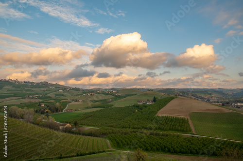 Panoramic view of the vineyard hills of the Langhe region in Piedmont  become Unesco World Heritage Site since 2014  with a cloudy blue sky in springtime  Italy 