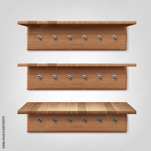 Vector realistic set of wooden shelf with clothes hanger hooks isolated on wall background