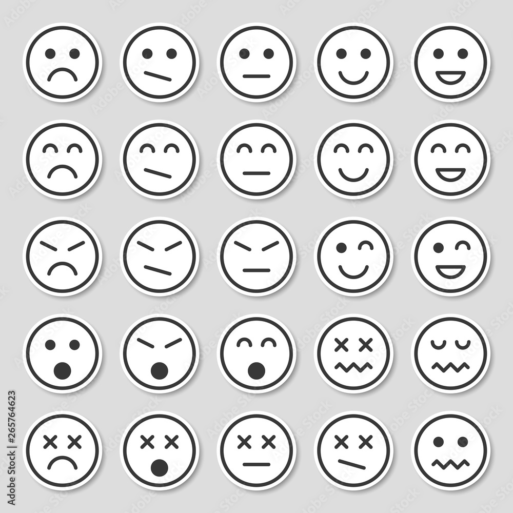 Simple emotion icons. Emotion stickers in flat style isolated on gray background. Simple emotion icons. Emotion stickers in flat style isolated on gray background.