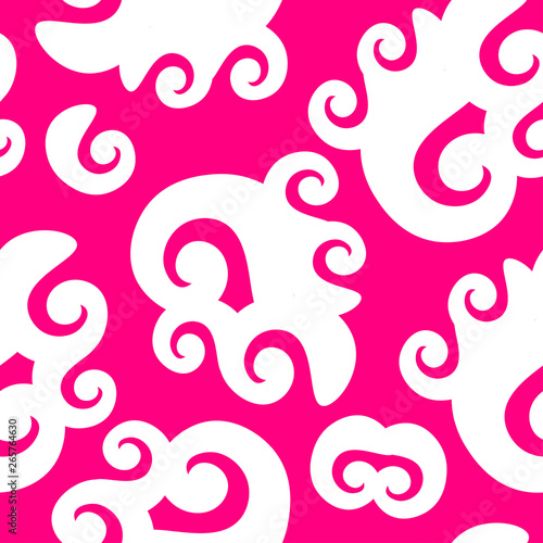 Abstract seamless pattern. White spirals and curves on bright pink background.