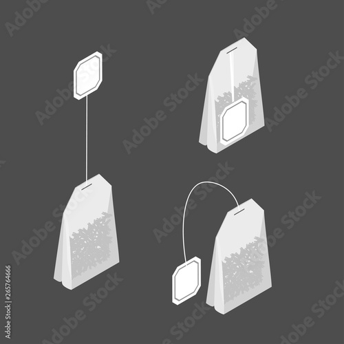 Tea bag in different position with white tag label. Vector isolated on gray background.