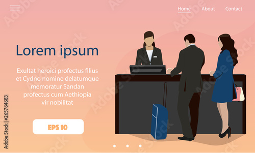 Businessmen and businesswomen are checking in at the lobby hotel counters with receptionist; Landing page template for business travel 
