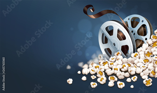 Cinematograpy film-reel discs in popcorn. Online movies retro banner template poster concept, copyspace. Clapper snacks movie theater. Fast food for cinematography entertainment. Vector illustration.