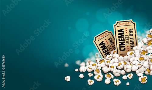 Gold cinema tickets in popcorn. Online movies banner template, poster concept, copyspacet. Container full of snacks in movie theater. Fast food for cinematography entertainment. Vector illustration.