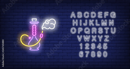 Neon icon of hookah with smoke