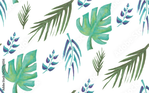 Tropical palm leaves background. Invitation or card design with jungle leaves. Hand drawn illustration in trendy style.