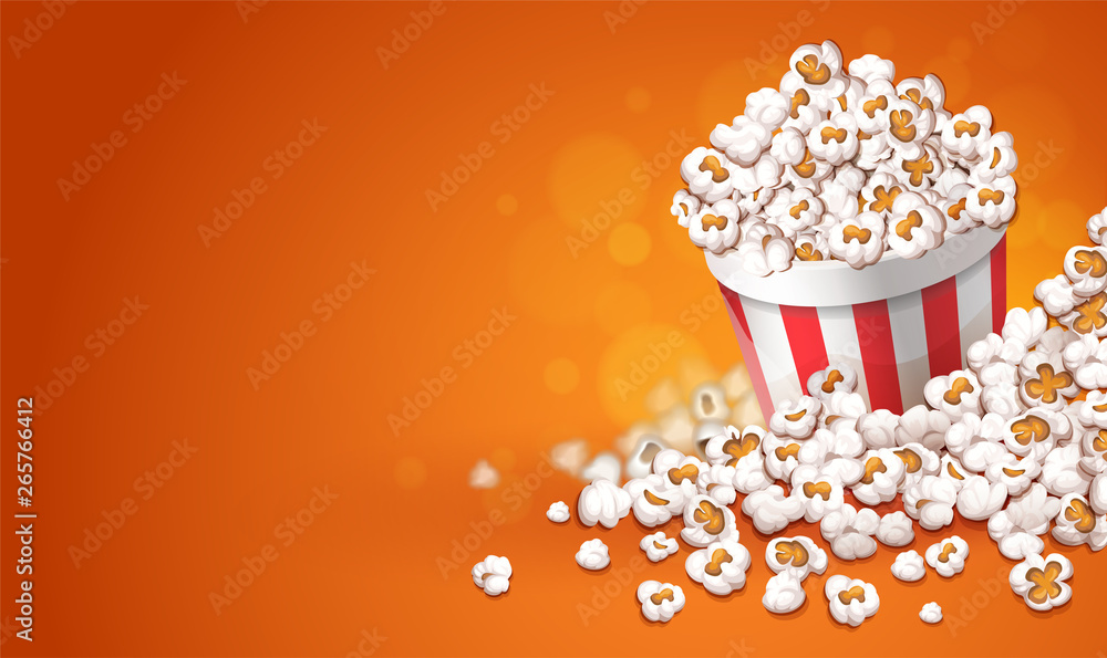 Popcorn in paper cup bucket. Online movies banner template, poster concept  with copyspace, place for text. Container full of pop corn snacks in movie  theater. Fast food. Vector illustration. Stock Vector