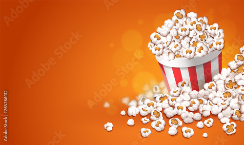 Popcorn in paper cup bucket. Online movies banner template, poster concept with copyspace, place for text. Container full of pop corn snacks in movie theater. Fast food. Vector illustration.