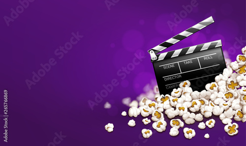 Cinematograpy producer clapperboard in popcorn. Online movies banner template poster concept, copyspace. Clapper in snacks movie theater. Fast food for cinematography entertainment. Illustration.