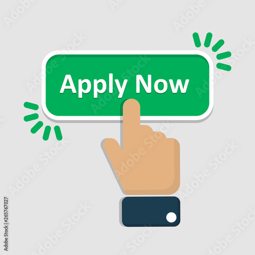 Hand click on apply now button in a flat design