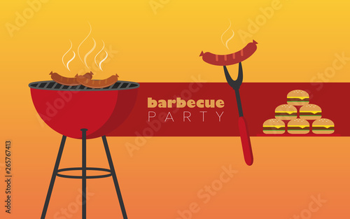 bbq party red kettle barbecue with sausage and burger vector illustration EPS10