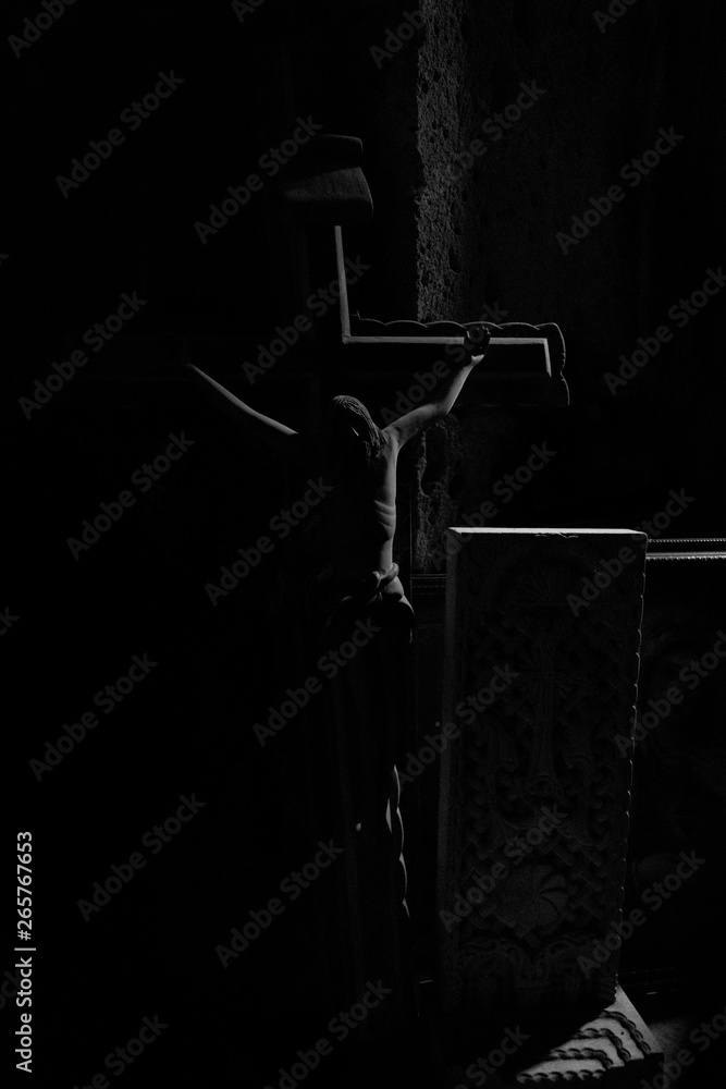 Jesus crucifixion in the dark corner of ancient Armenian monastery ...