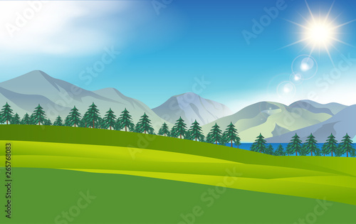 landscape of meadow at lagoon with mountain background