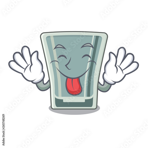 Tongue out shot glass on wooden cartoon table