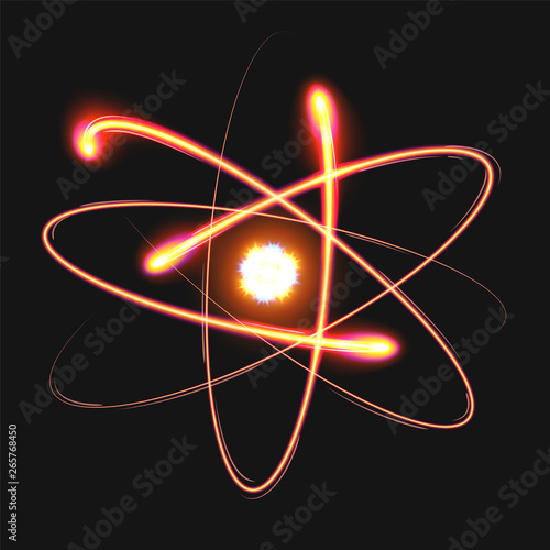 Atom structure model with nucleus surrounded by electrons. Vector illustration