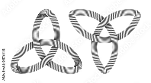 Set of 2 Triquetra knots made of metallic intersected strips. Celtic trinity symbol. Vector illustration.
