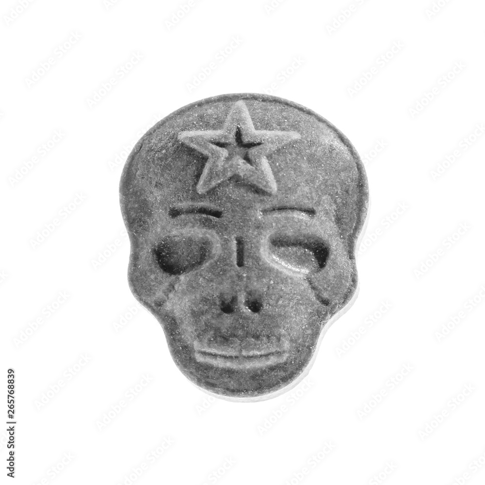 Grey MDMA, Amphetamine, Army Skull, Ecstasy, XTC pills isolated on a white background. Grey MDMA, Amphetamine, Army Skull, Ecstasy, XTC pills isolated on a white background.
