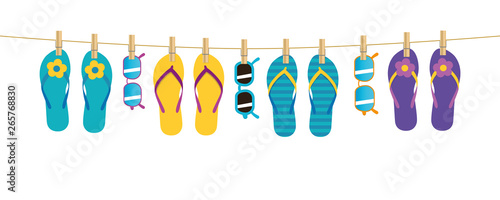 colorful pattern flip flops and sunglasses hanging on a rope on white background summer holiday design vector illustration EPS10