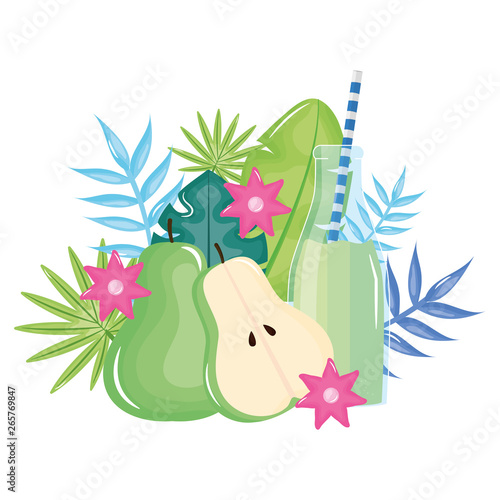 fresh pear half juice fruit in botttle with straw in floral decoration