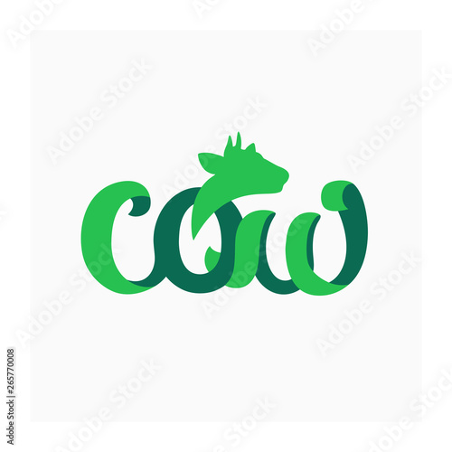 Cow handwriting lettering. Sign for cattle company. Agricultural or dairy icon. Vector logo for beef products. Green illustration with symbol of cow for milk or milky food