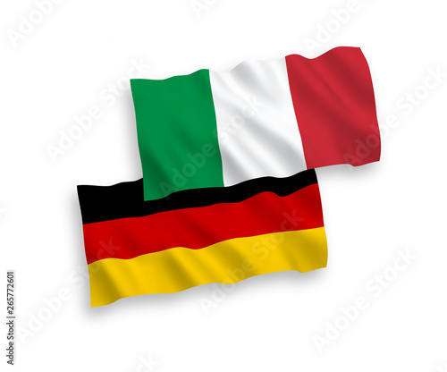 National vector fabric wave flags of Germany and Italy isolated on white background. 1 to 2 proportion.