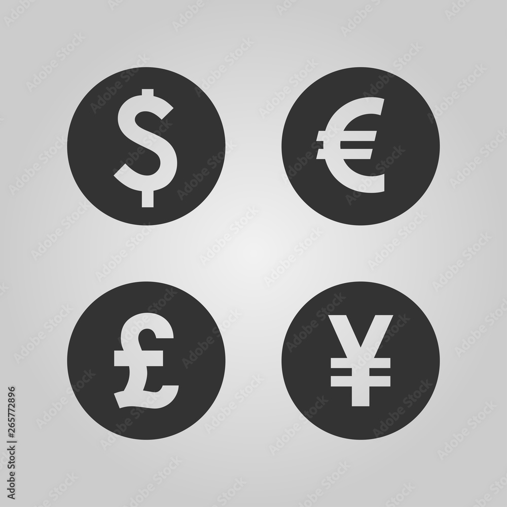 Dollar, Euro, Pound and Yen currency icons. USD, EUR, GBP and JPY money sign symbols. Black vector icons isolated on white background. Dollar, Euro, Pound and Yen currency icons. USD, EUR, GBP and JPY money sign symbols. Black vector icons isolated on white background.