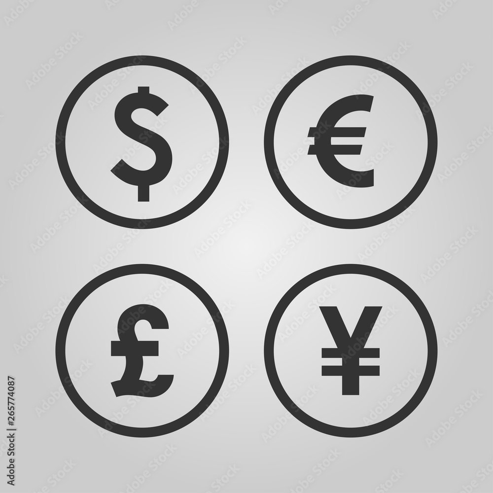 Dollar, Euro, Pound and Yen currency icons. USD, EUR, GBP and JPY money sign symbols. Black vector icons isolated on white background. Dollar, Euro, Pound and Yen currency icons. USD, EUR, GBP and JPY money sign symbols. Black vector icons isolated on white background.