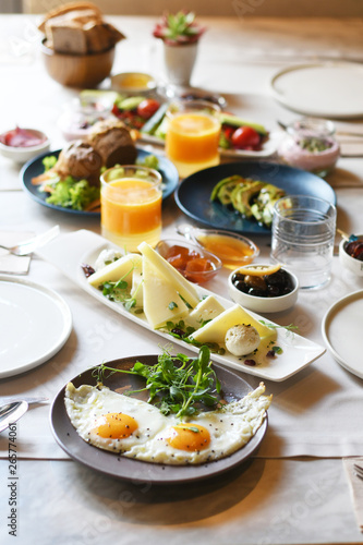 Turkish breakfast with various plates on a table