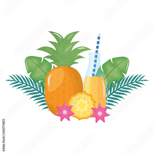 fresh pineapple juice fruit in botttle with straw in floral decoration