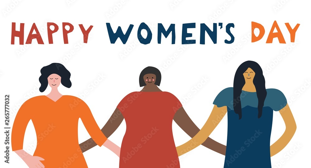 Happy Women's day. Women of different nationalities are embraced with each other. Group of friends or feminist activists. Flat colored vector illustration for banner