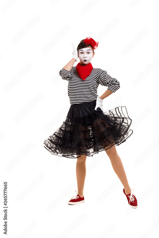 surprised mime woman artist looking at camera isolated on white background surprised mime woman artist looking at camera isolated on white background
