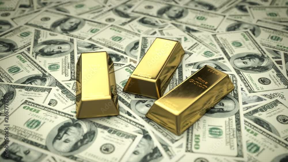 Camera moves slowly around fine gold bars laying on a bunch of 100 USD bills Camera moves slowly around fine gold bars laying on a bunch of 100 USD bills