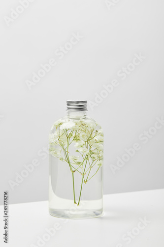 organic cosmetic product in transparent bottle with herbs on white table isolated on grey