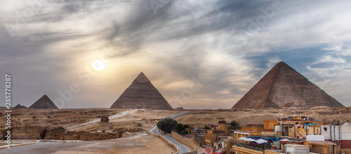 The Great Pyramids of Giza, panoramic view from the town