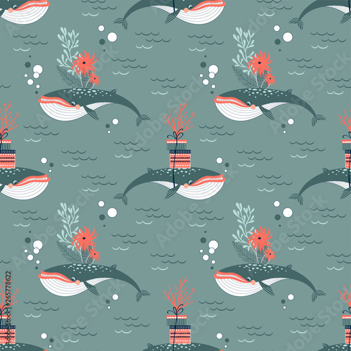Fancy Christmas Whale caring gift boxes and corals on his back flat vector seamless pattern. Big ocean creature celebrating winter holidays repeatable print. Underwater Xmas concept wrapping paper in