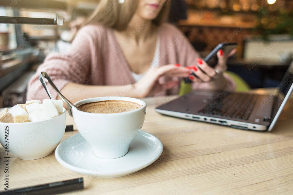 Attractive young woman sits at a table in a cafe with a cup of coffee and a laptop and uses the phone Attractive young woman sits at a table in a cafe with a cup of coffee and a laptop and uses the phone